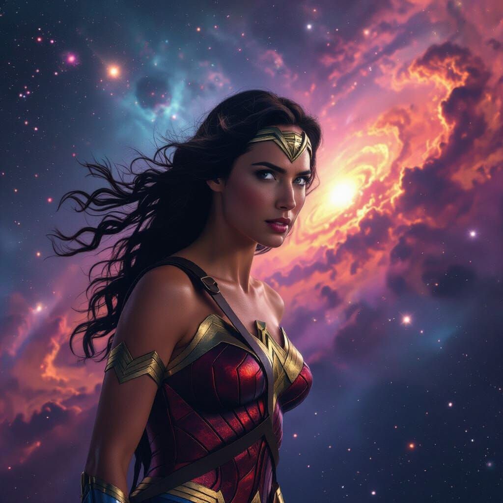 Wonder Woman Painting in Space with Vibrant Nebulae