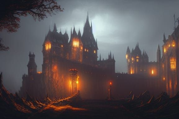 Dark Castle with Bridge in Dark Fantasy Style