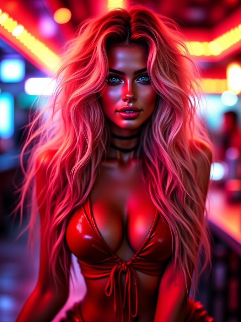 Glamorous Woman in Neon-lit Cyberpunk Club