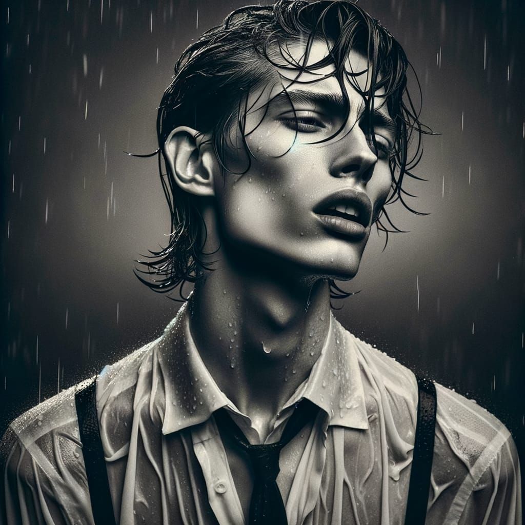 Androgynous Figure in Rain with Shadowed Presence