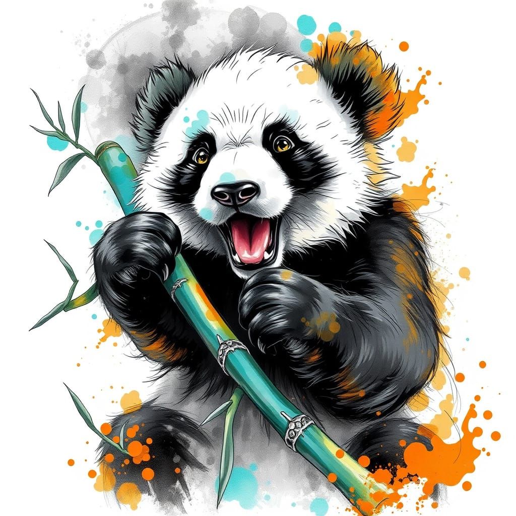 Cute Baby Panda in Black and White Line Art