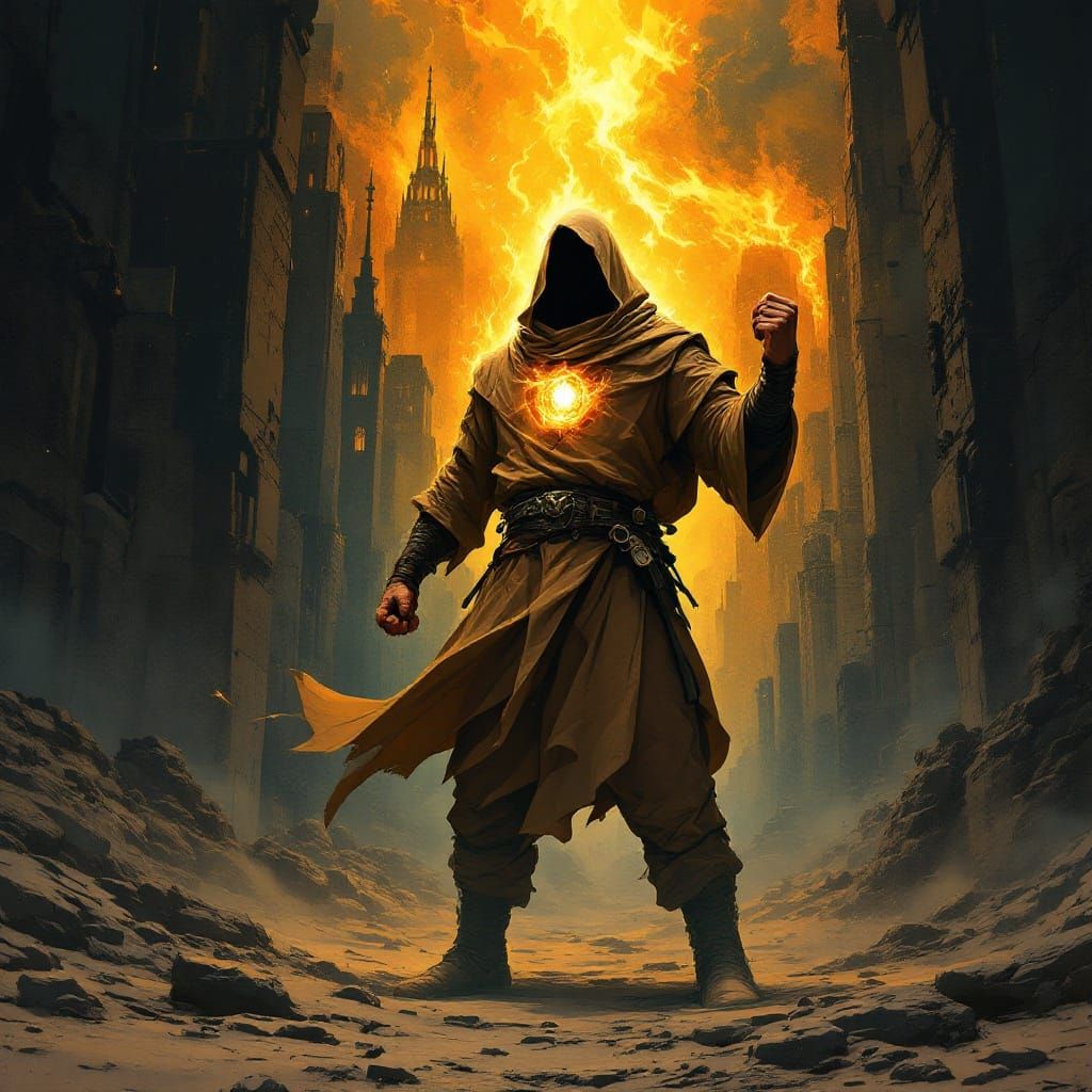 Dystopian Hero's Fiery Defiance in Gritty Futurism