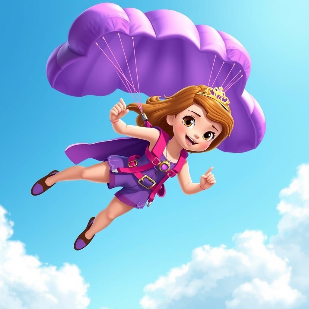 Princess Sofia Skydiving with Purple Parachute, Disney Style