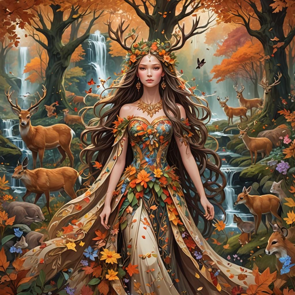 Goddess in Autumn Forest Fantasy Digital Art