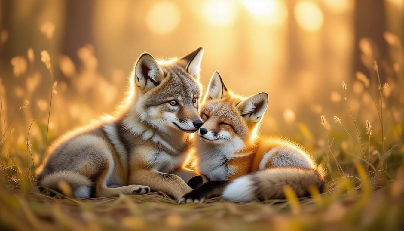 Wolf Pup and Fox Cuddle in Golden Light