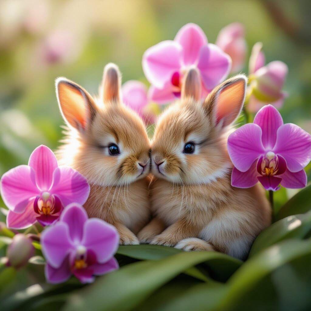 Two Baby Bunnies Amidst Pink and Purple Orchids