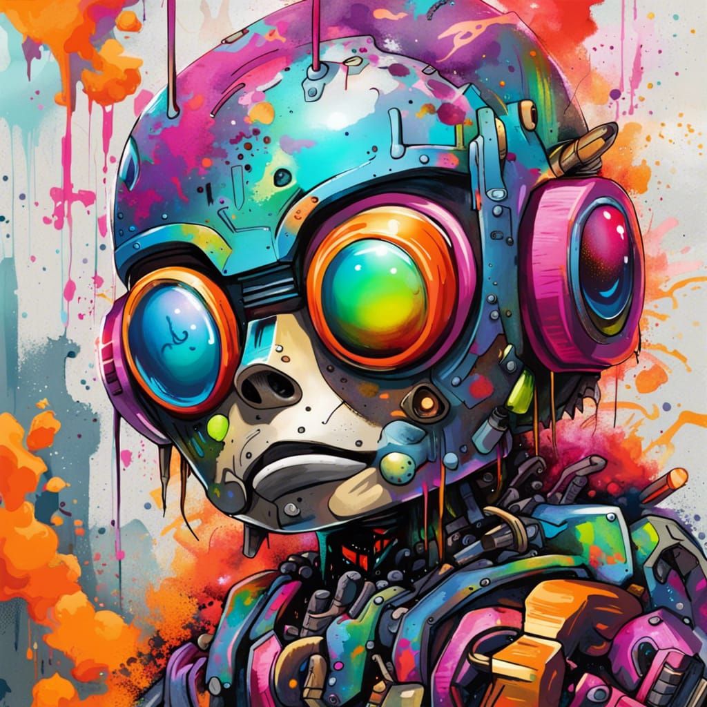 Robot Boy with Mohawk in Graffiti Street Art