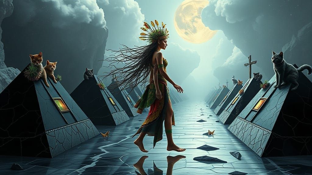 Mystical Woman Walking on Pyramids in Collage Style