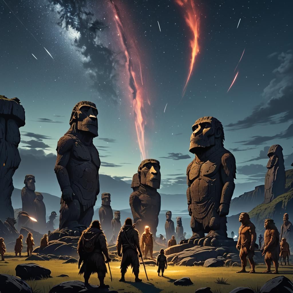 Mammoth Hunter and Easter Island Heads at Night