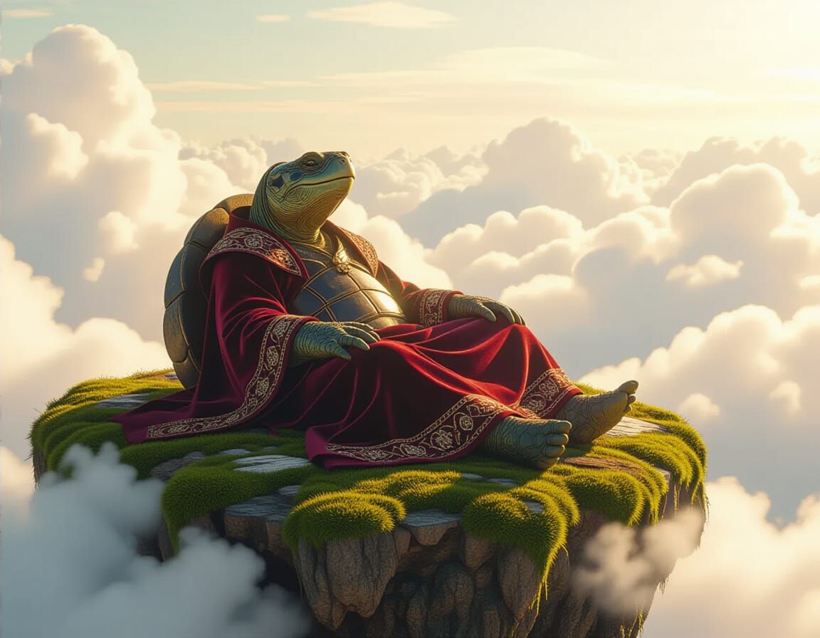 Wise Tortoise Meditating on Floating Island