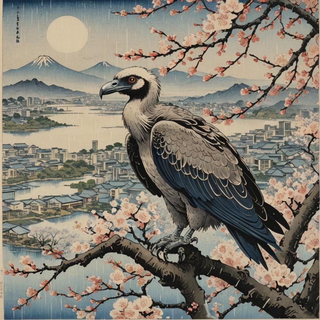 Vulture on Cherry Blossom: Japanese Woodblock Print