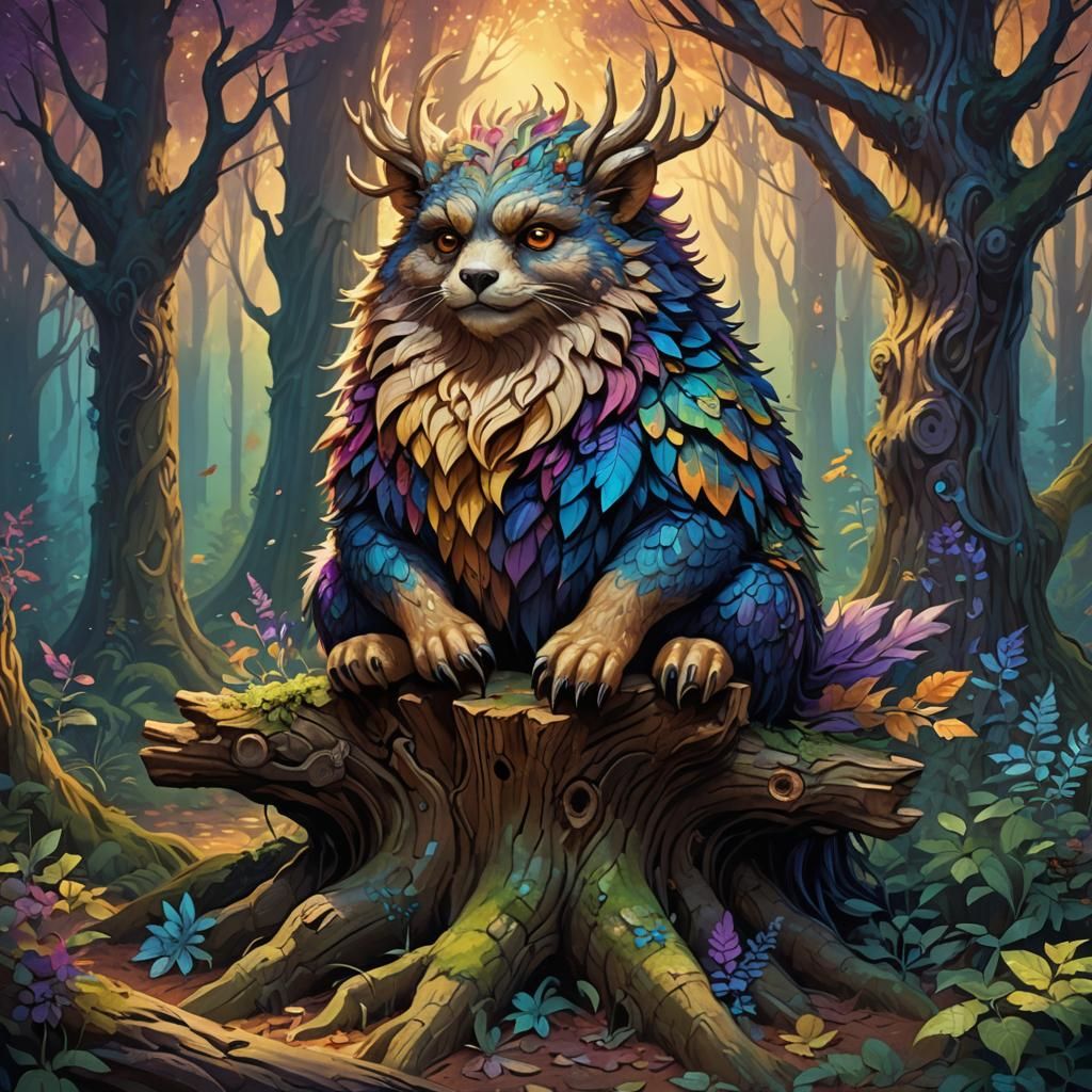 Fluffy Creature in Vibrant Forest: Fantasy Concept Art