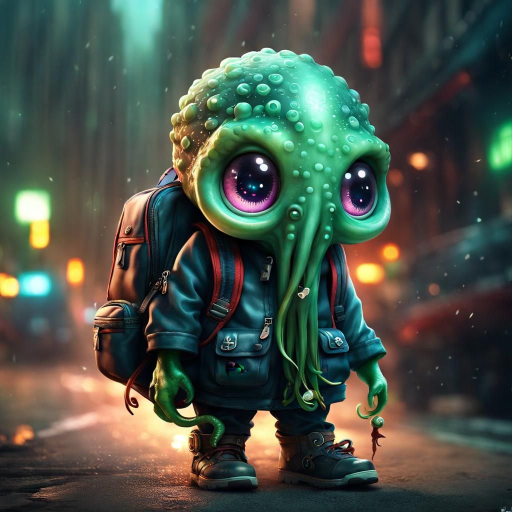 Chibi Cthulhu with Backpack: Detailed 3D Art