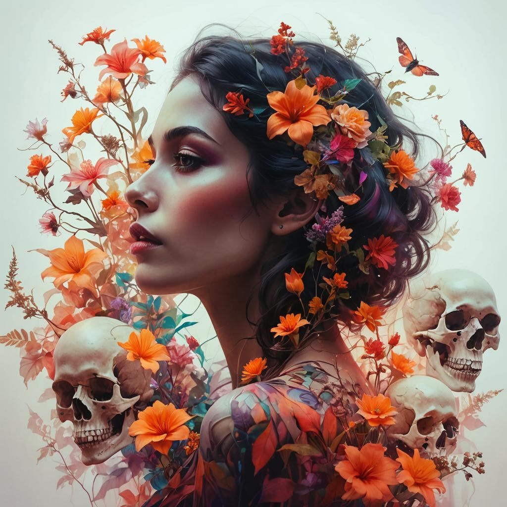 Surreal Woman Portrait with Floral and Skeletal Elements