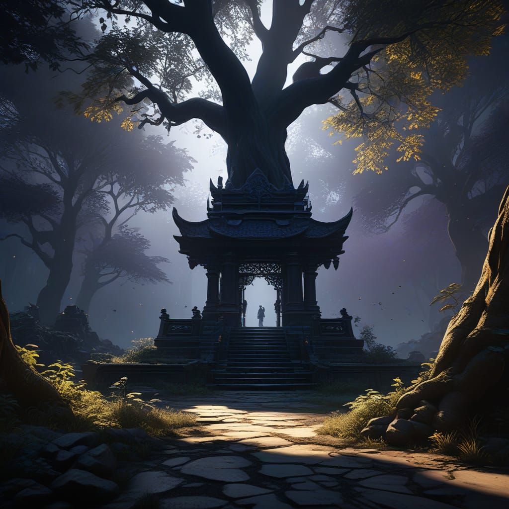 Surreal Dark Fantasy Ninja in Ancient Temple Ruins