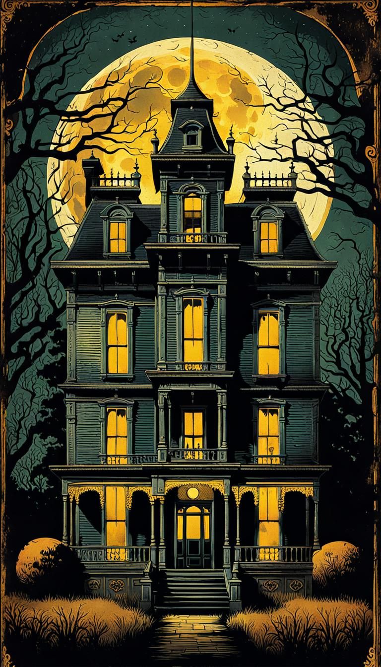 Creepy Victorian Mansion Under Moonlight: Vintage Poster Art