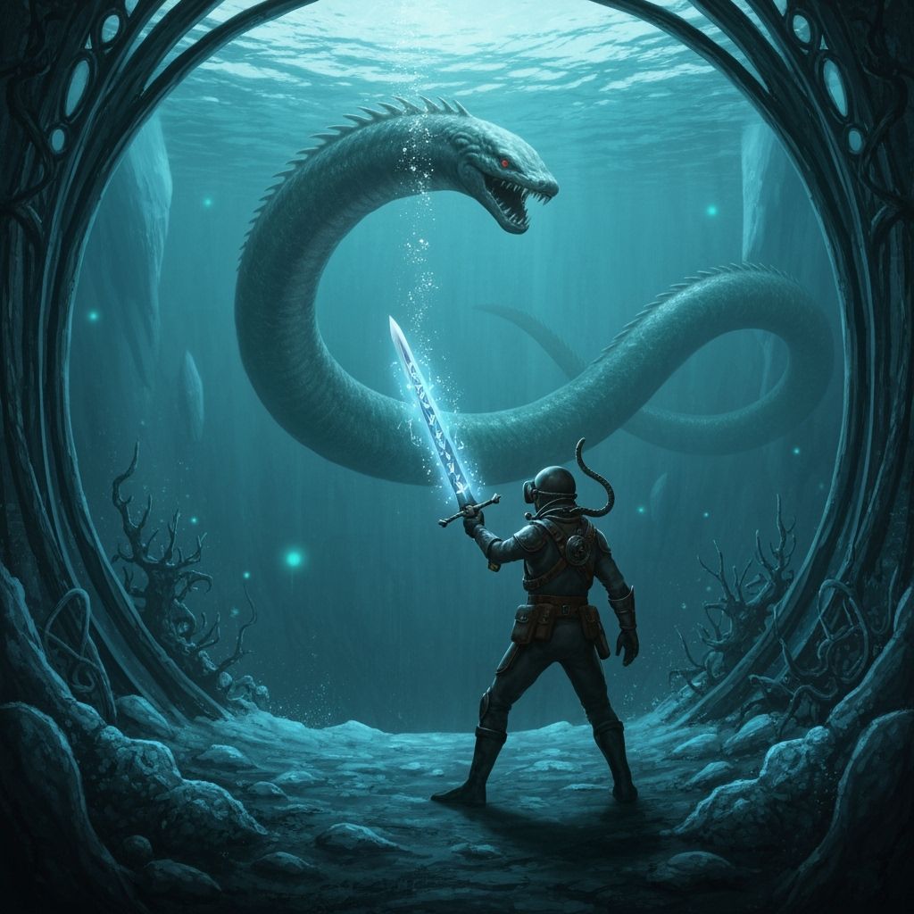 Warrior Confronts Jormungandr in Mariana Trench