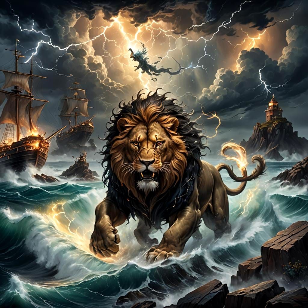 Storm Lion Roaring in Thunderstorm Weather