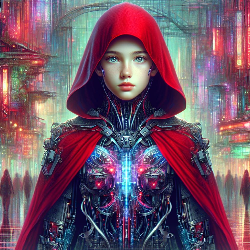 Biopunk Woman in Red Cloak, Cyberpunk Cityscape