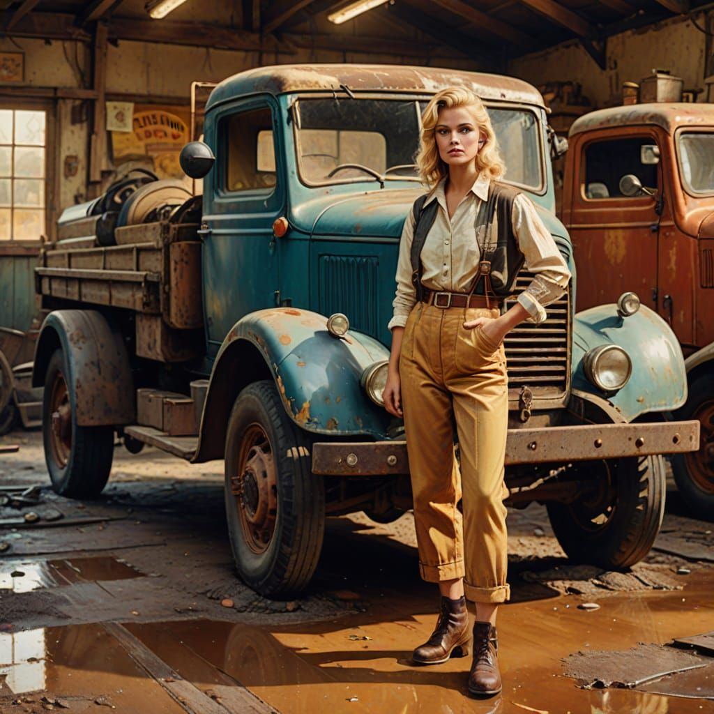 Vintage Oil Painting: Blond Woman at 1910 Workshop