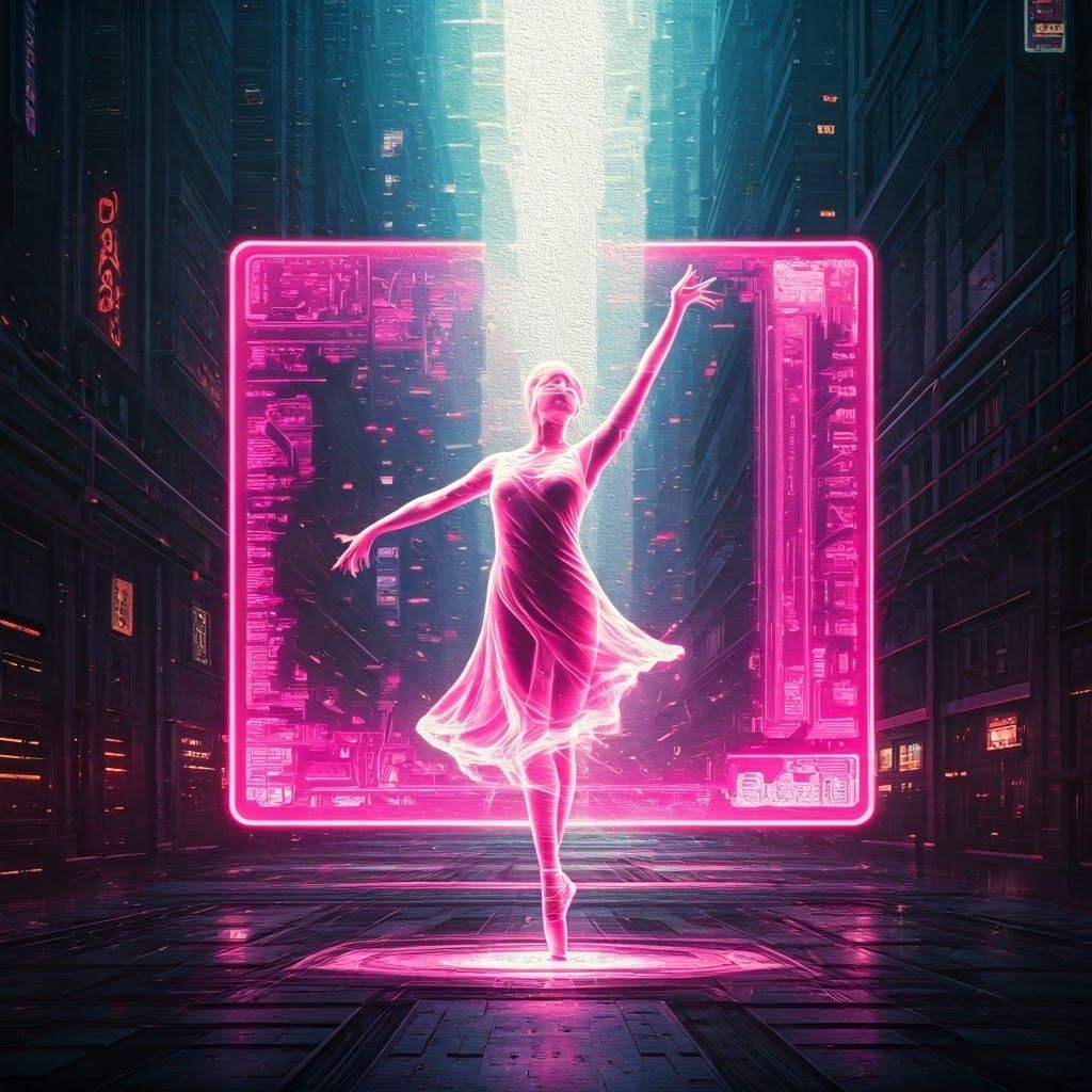 Glamorous Cyberpunk Dancer in Hologram Cityscape