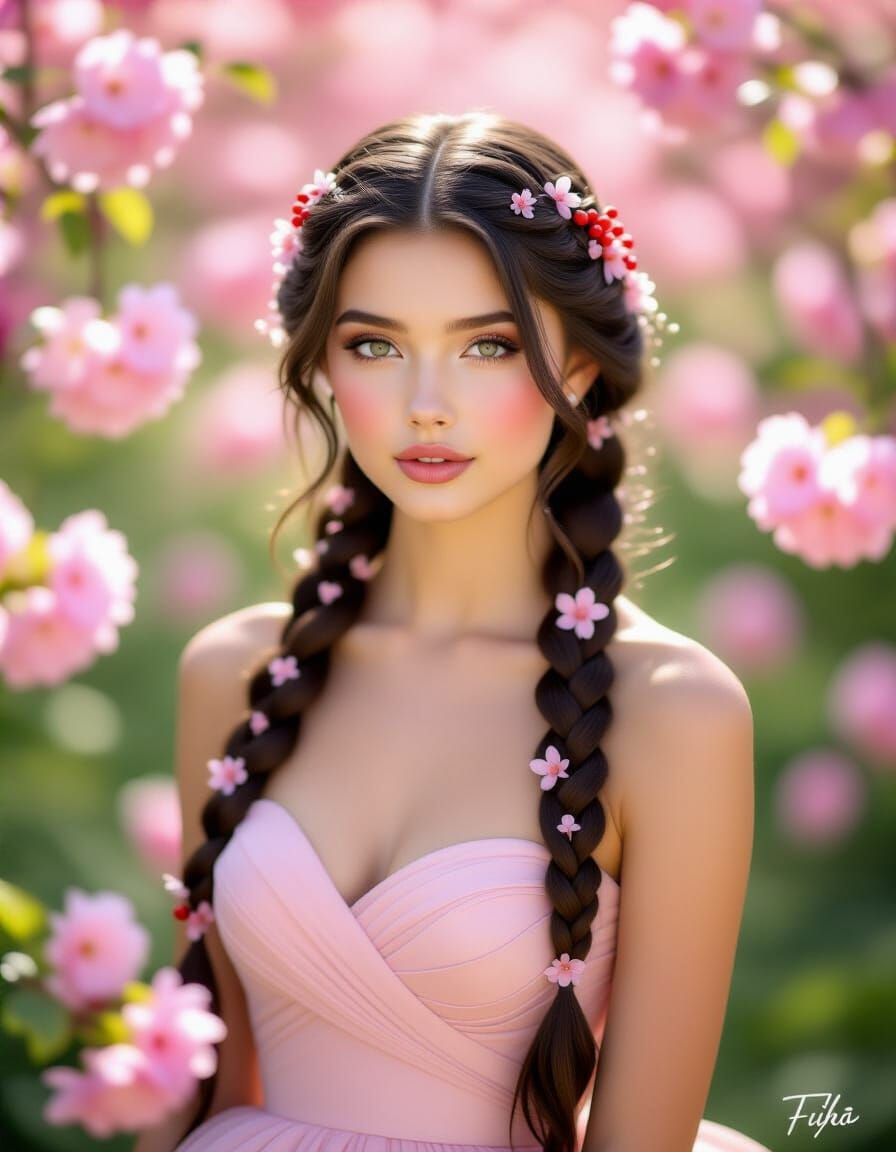 Ethereal Young Woman in Blossom Garden, Pre-Raphaelite Style