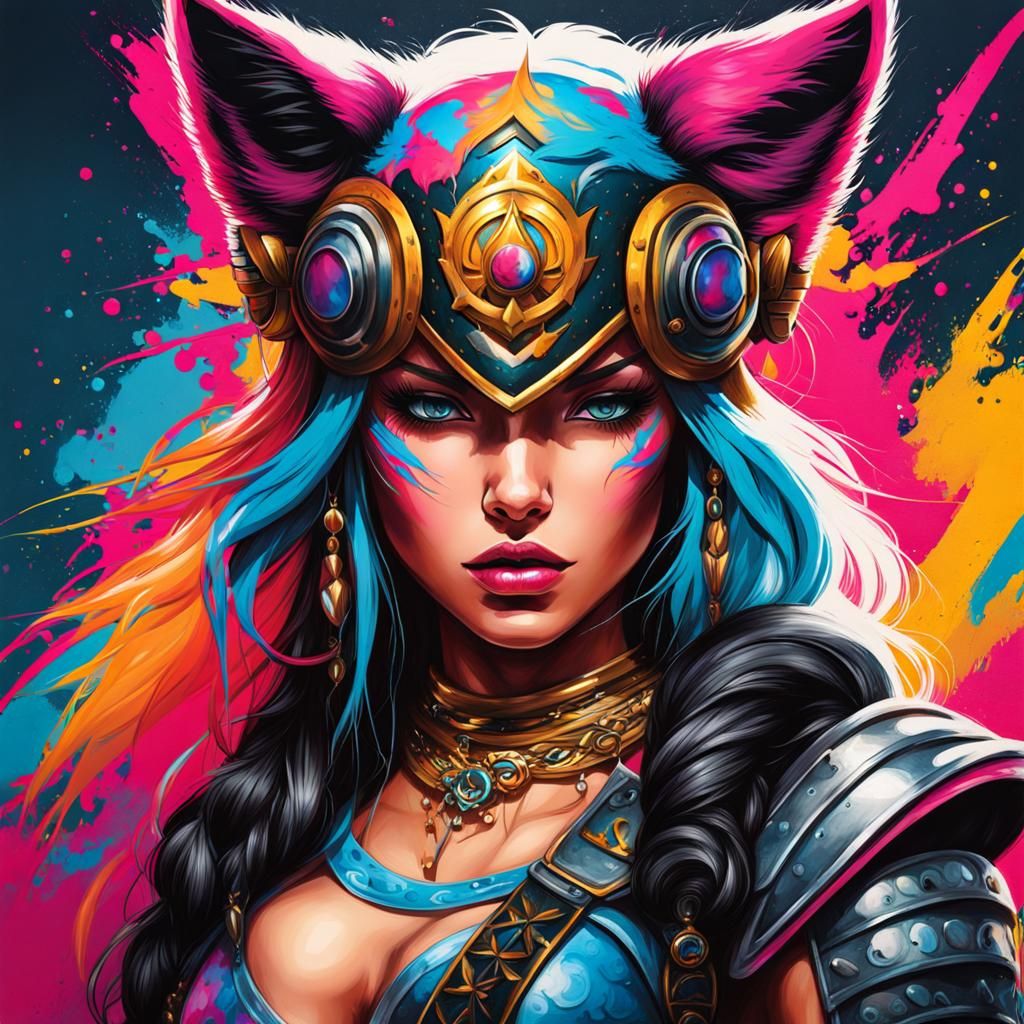 Warrior Princess with Cat Ears in Graffiti Art
