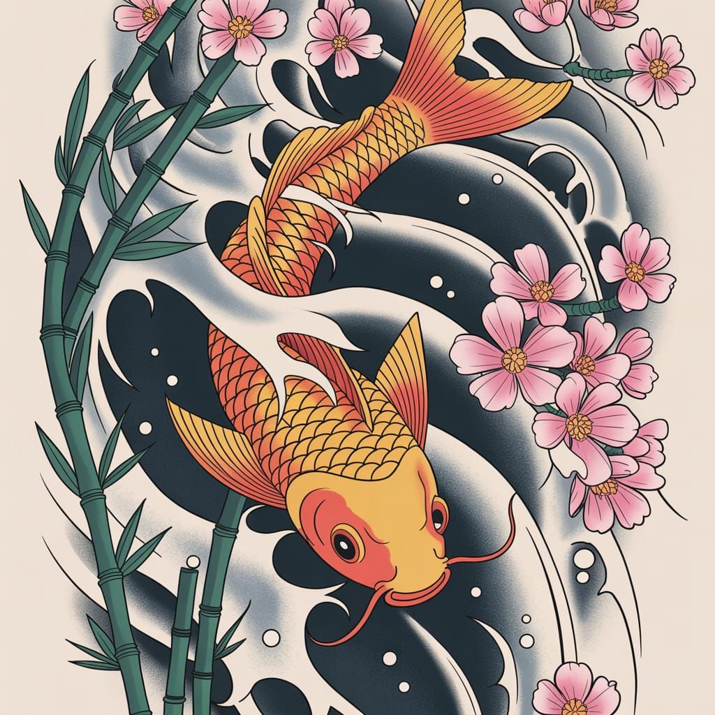 Neo-Japanese Tattoo: Koi in Twisted River Design