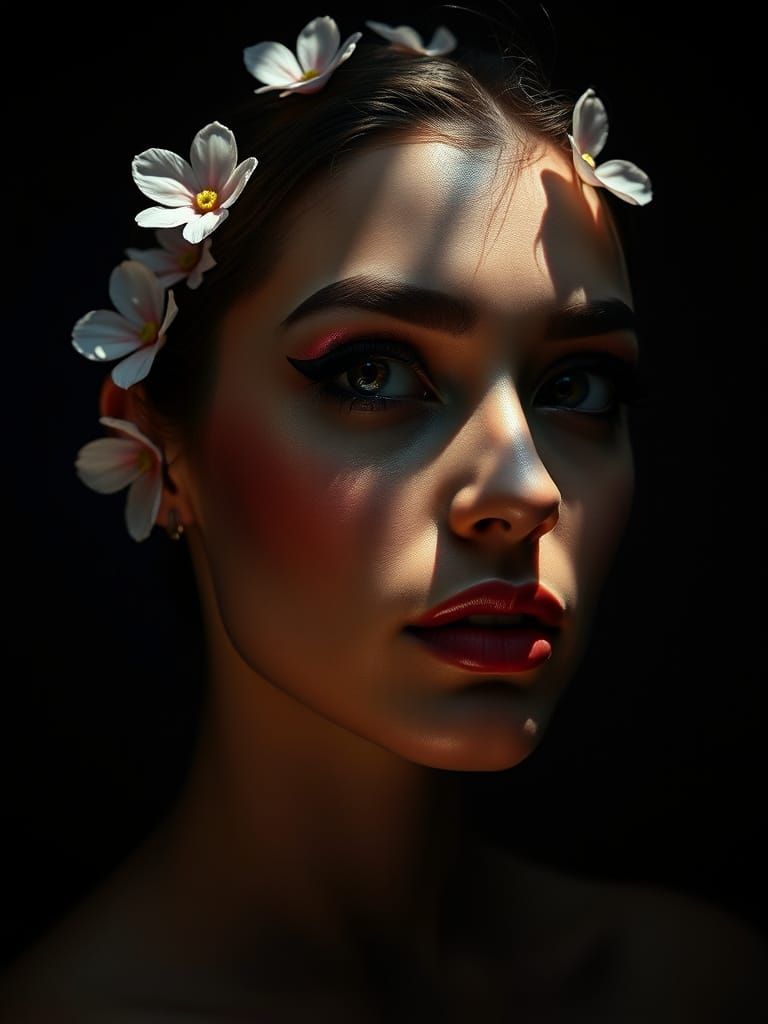 Exquisite Floral Makeup Portrait with Dramatic Chiaroscuro L...