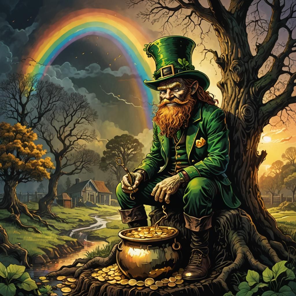 Ominous Leprechaun Guarding Gold in Dark Fantasy Style