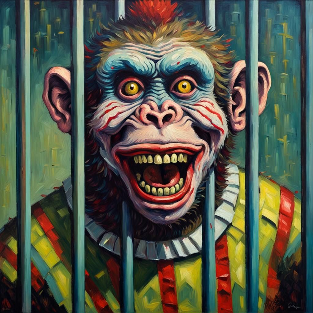 Zombie Monkey Clowns Riot in Expressionist Oil Painting