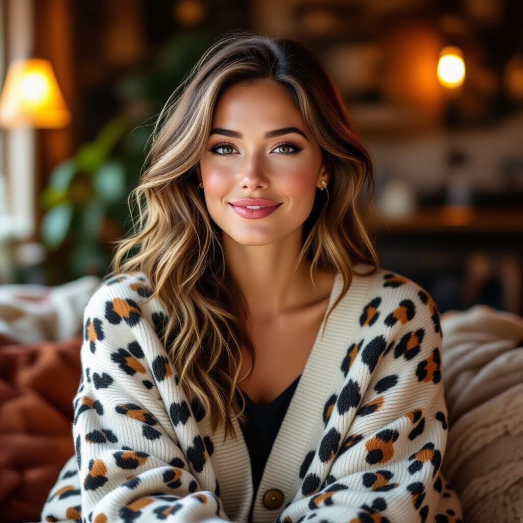 Woman in Leopard Cardigan, Whimsical Art Style