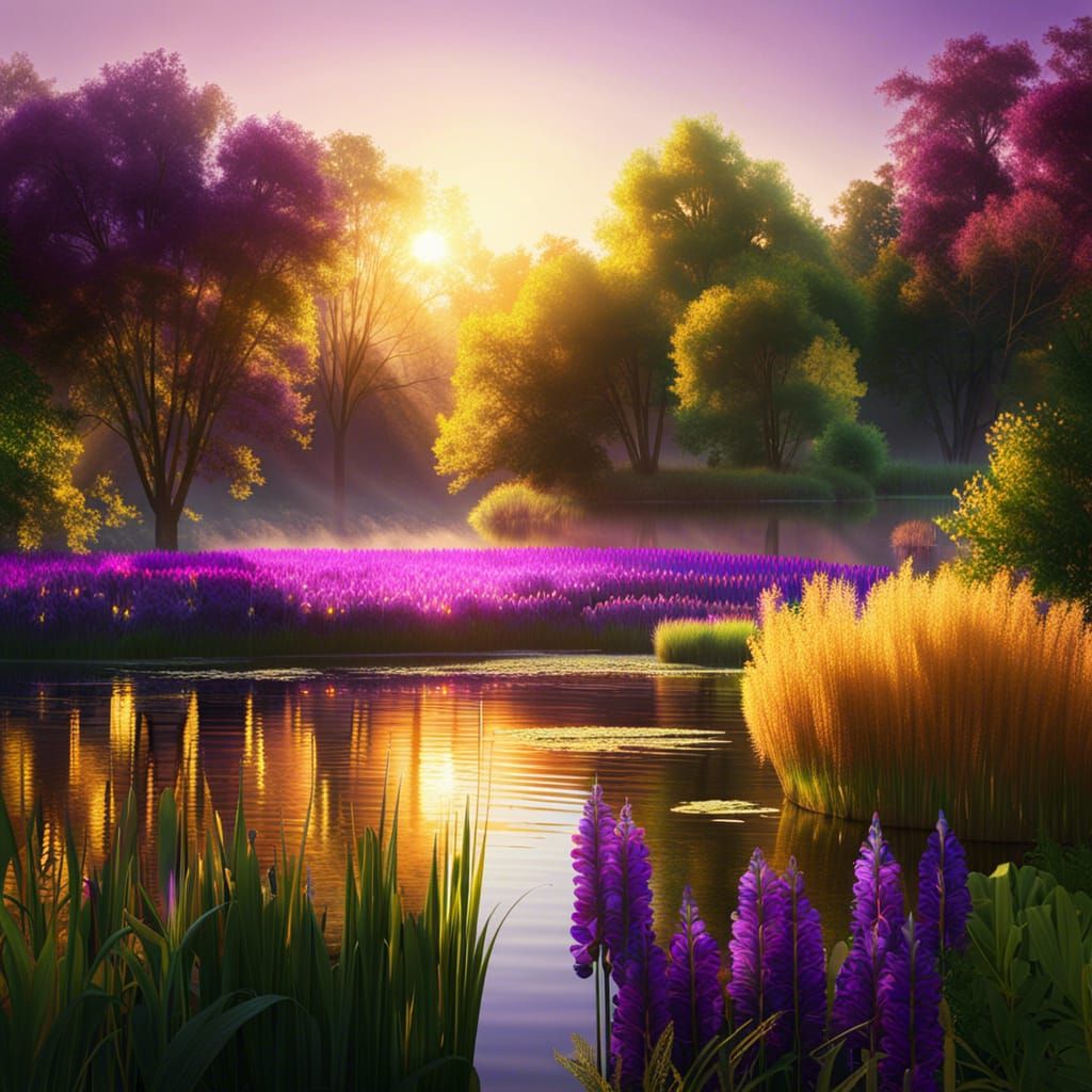 Tranquil Pond: Digital Art Landscape at Dusk