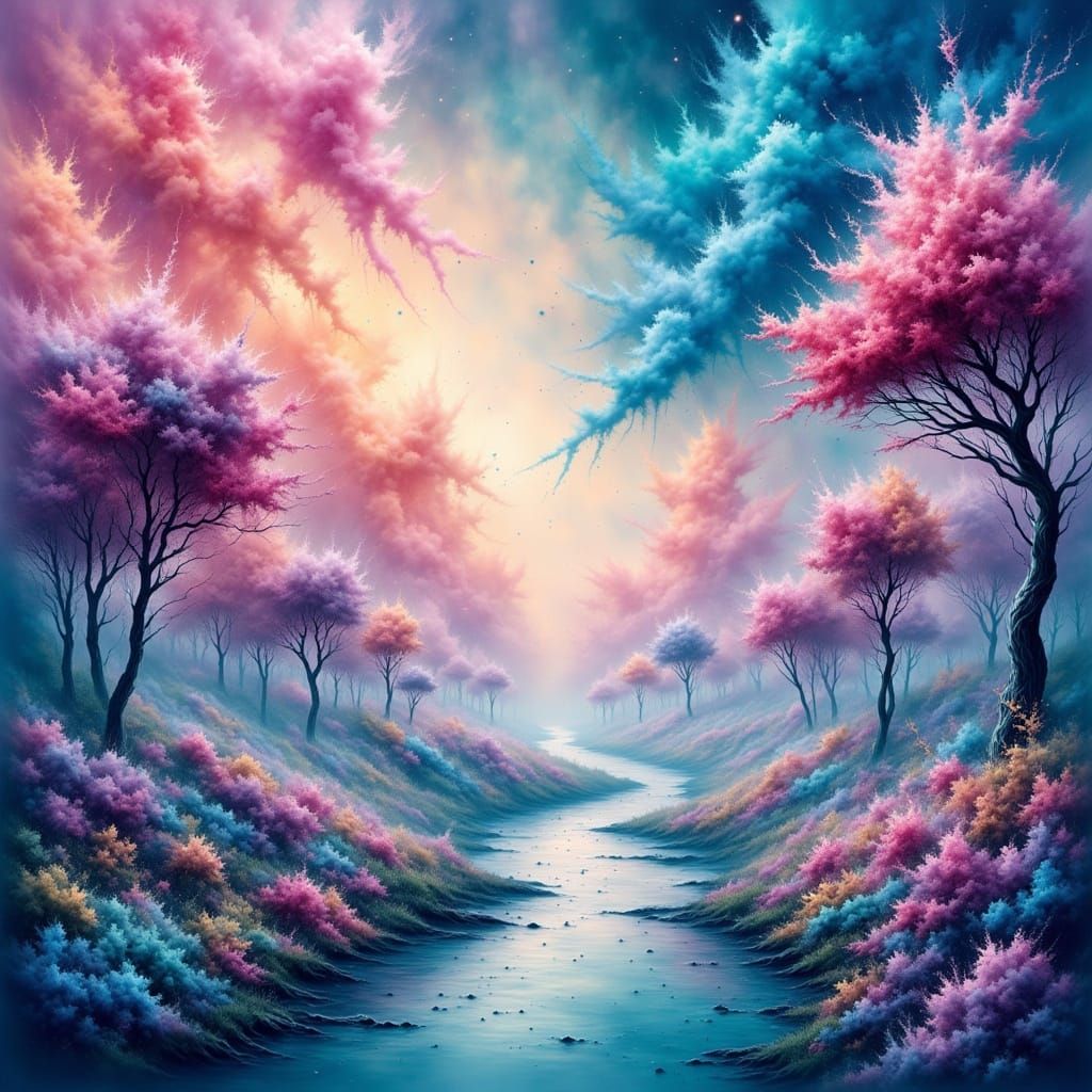 Whimsical Candy River Landscape in Pastel Hues