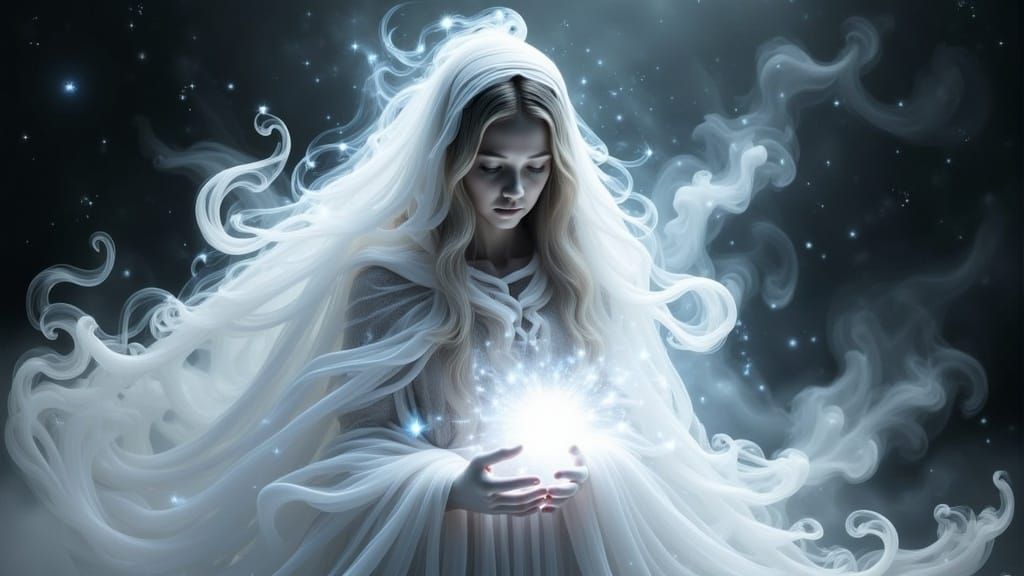 Mystical White Sorceress Illuminated by Radiant Light