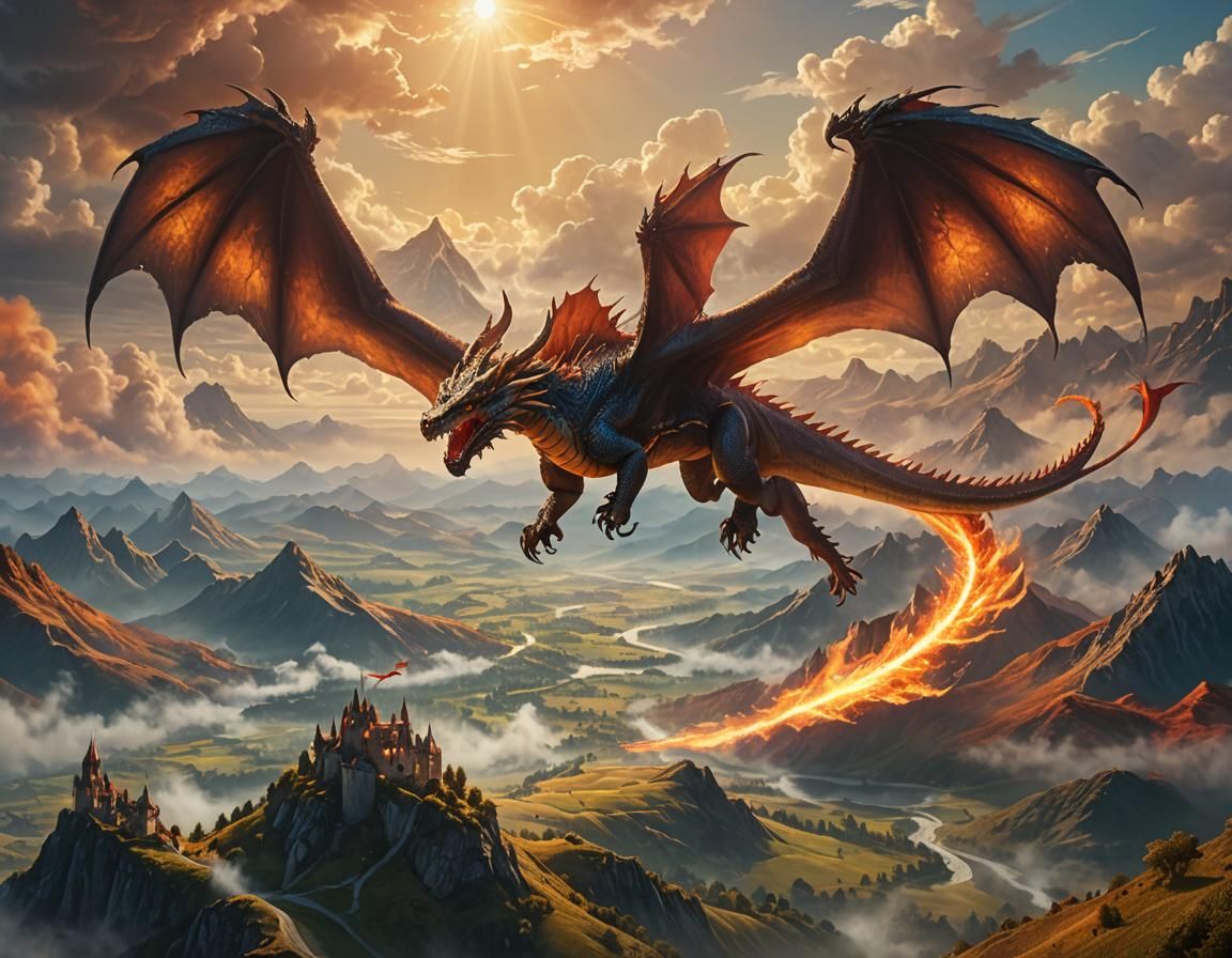 Dragon Soaring Over Mystical Landscape in Digital Art