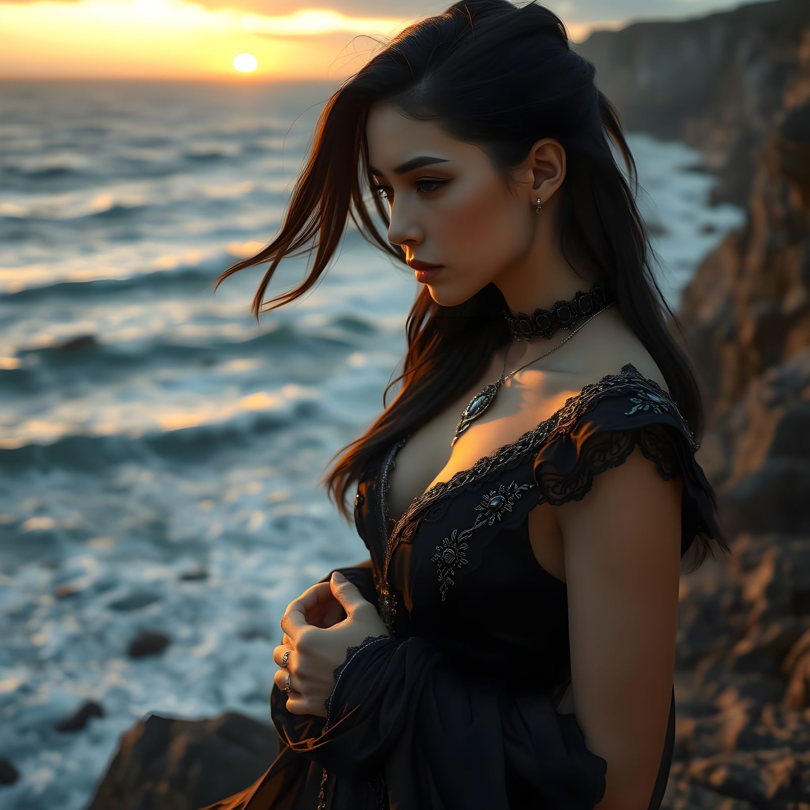 Ethereal Goth Maiden Amidst Sunset's Warm Glow