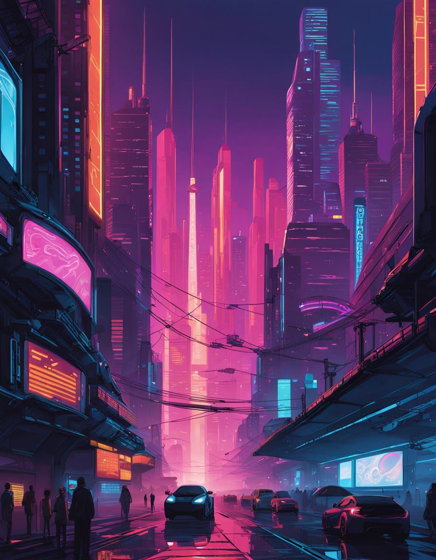 Cyberpunk Cityscape at Night with Neon Lights