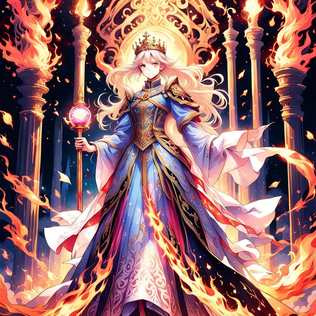 Anime Queen Commanding Flames in Electric Colors