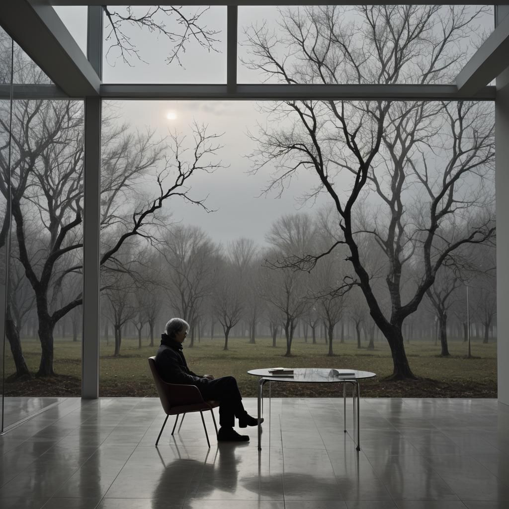 Chiaroscuro Figure in Minimalist Room with Apple