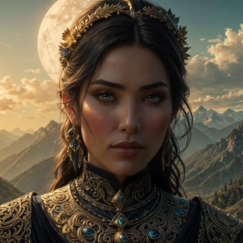 Epic Fantasy Mountain Priestess Portrait in Dramatic Lightin...