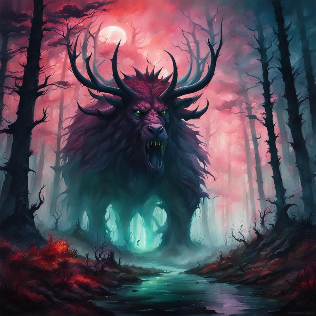 Surreal Misty Forest of Beasts: Watercolor and Ink