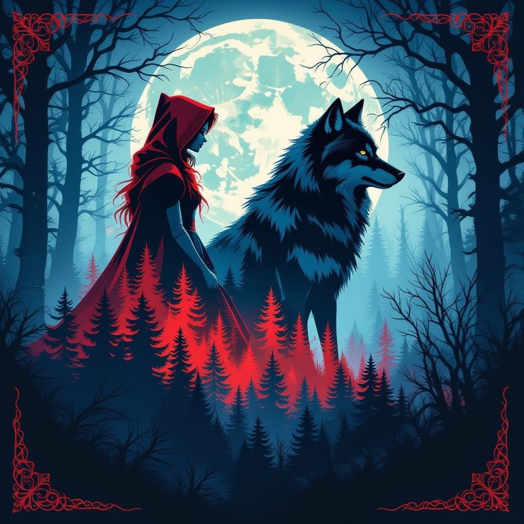 Little Red Riding Hood and Wolf Double Exposure in Dark Fore...