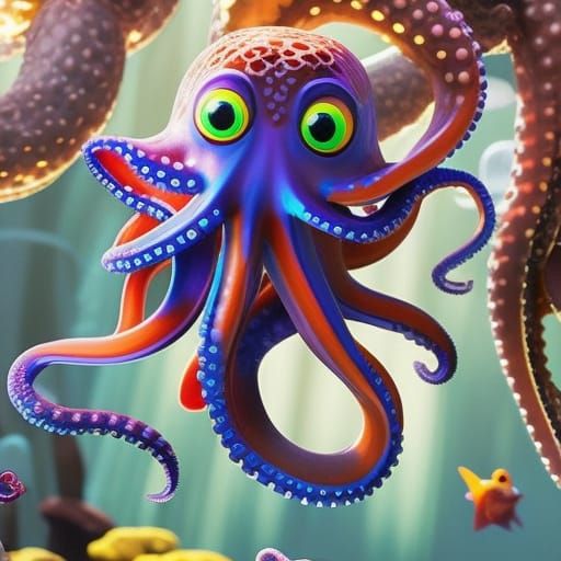 Cute Octopus Plays with Fish: Pixar Style