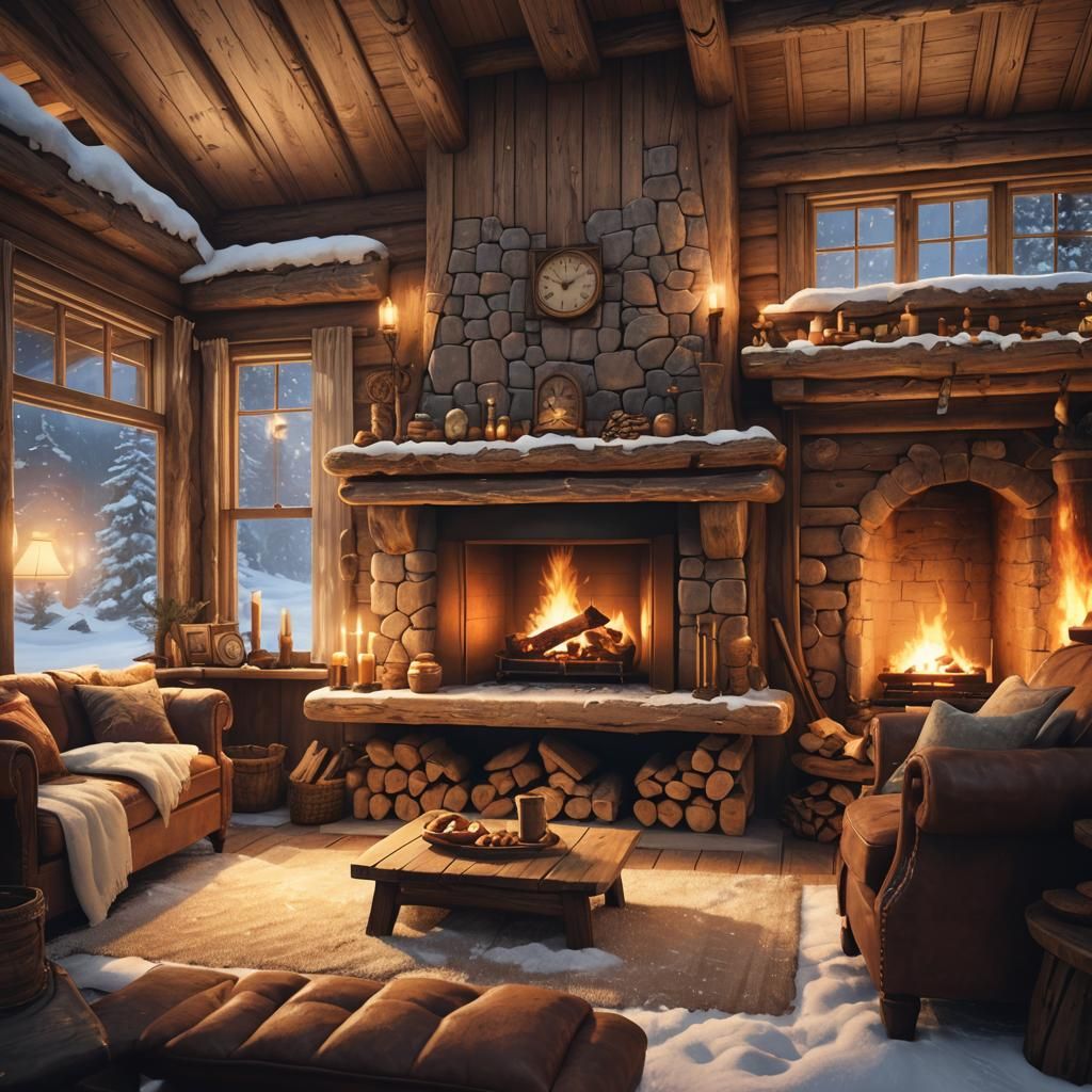 Cozy Cabin Interior Concept Art with Fireplace