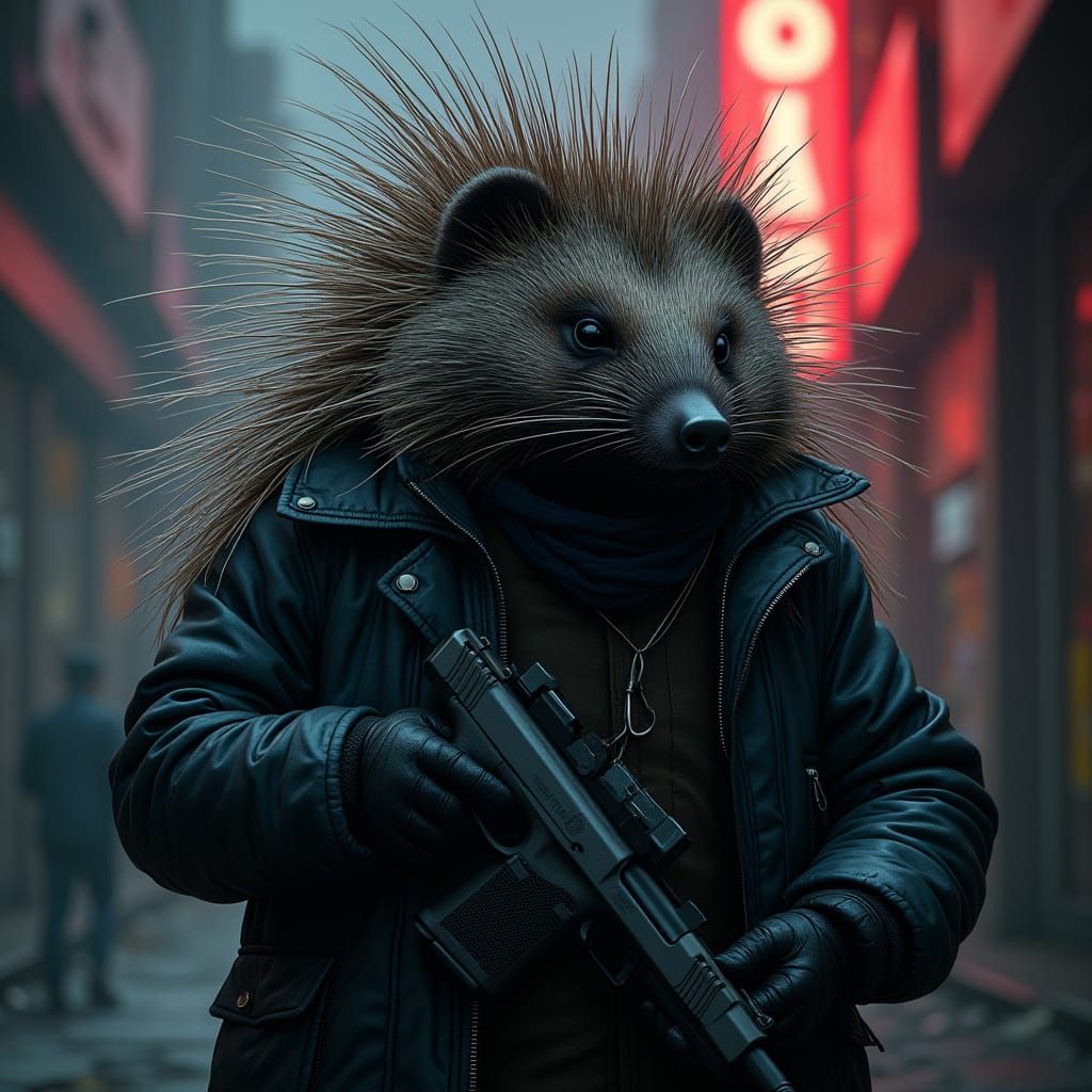 Porcupine in Gritty Futuristic Landscape