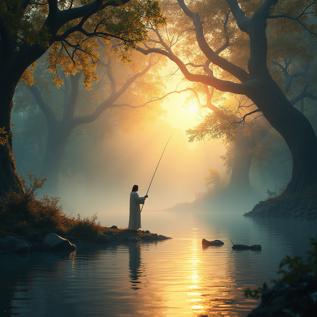 Jesus Fishing at Sunrise: Matte Painting