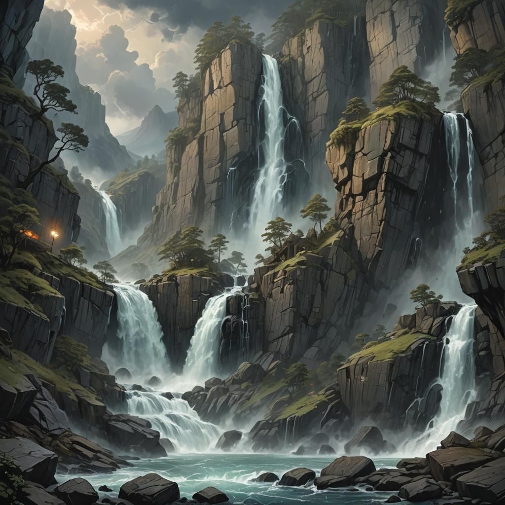 Mystical Waterfall Landscape in Fantasy Style