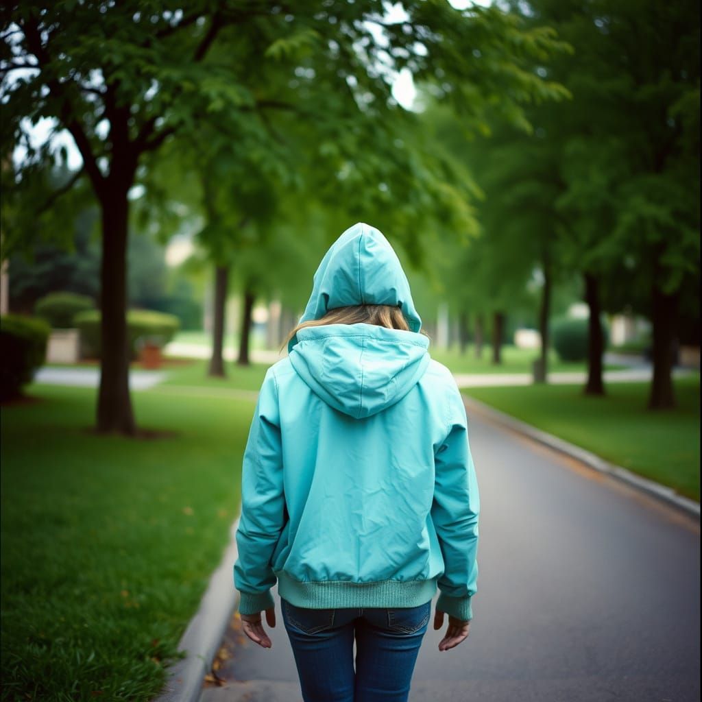 Girl in Turquoise Jacket: Cinematic Street Scene