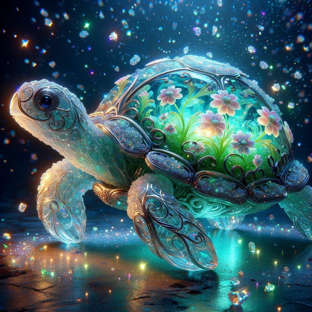 Crystal Turtle with Bioluminescent Plants Underwater